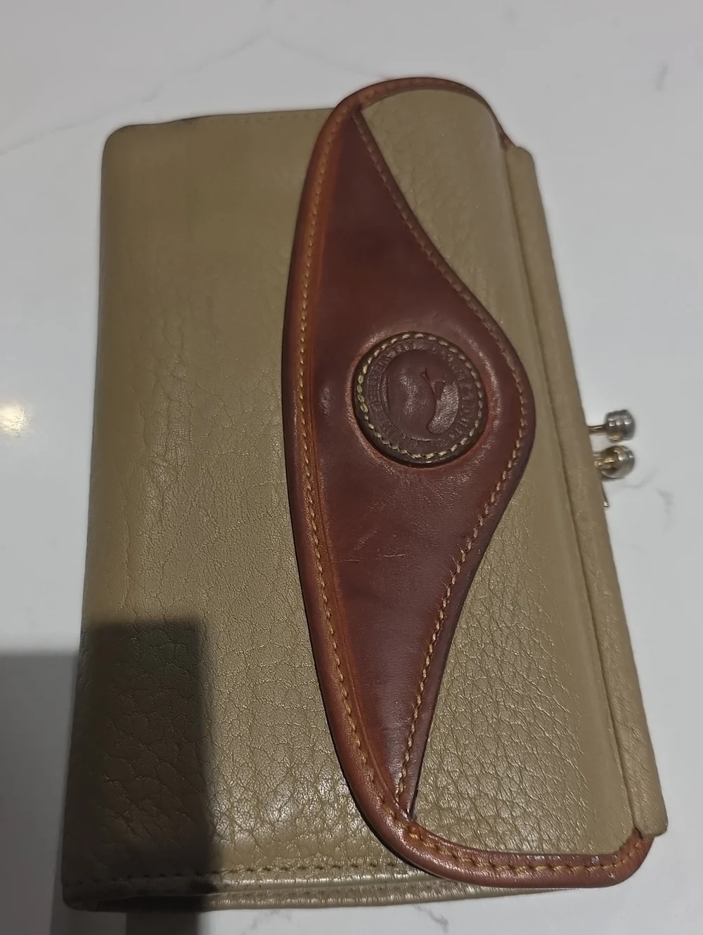 Dooney & Bourk Vintage Two-Tone Leather Clutch Wallet - Taupe and Chestnut